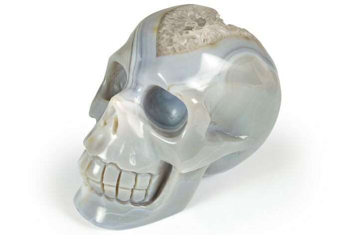 Polished Banded Agate Skull with Quartz Crystal Pocket #236999